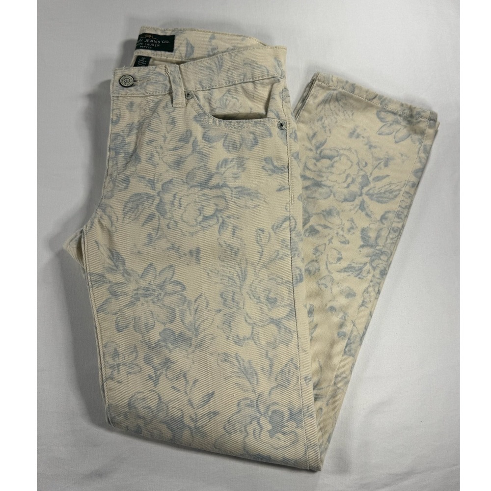 Lauren Ralph Lauren Floral Modern Straight Ankle Pants Cream Blue Petite 2P